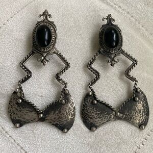 Brutalist Modernist Chunky Clip on Metal Earrings with Onyx Stone